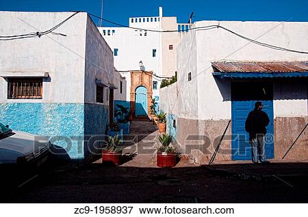 Beautiful white and blue houses in Kasbah of the Oudayas, Rabat, Morocco. View Large Photo Image Stock Photo - Beautiful white and blue houses in Kasbah of the Oudayas, Rabat, Morocco.. Fotosearch