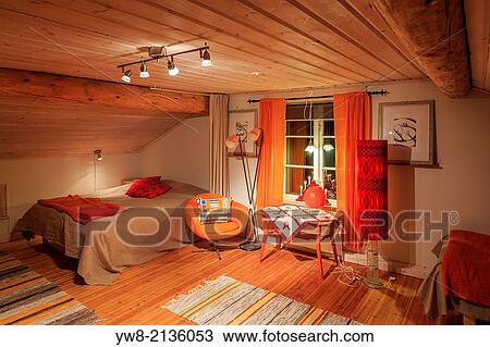 Stock Image - Bedroom in the Wardshuset Guest House, Kangos, Lapland, Sweden.. Fotosearch