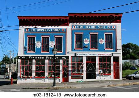 Belfast, Maine, New England, USA, building facade, coal, and oil, company, red, white, blue. View Large Photo Image Stock Photo - Belfast, Maine, New England, USA, building facade, coal, and oil, company, red, white, blue.. Fotosearch