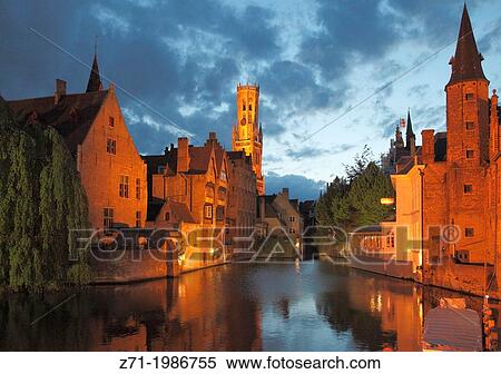 Stock Photography - Belgium, Bruges, Belfry, canal scene,.. Fotosearch