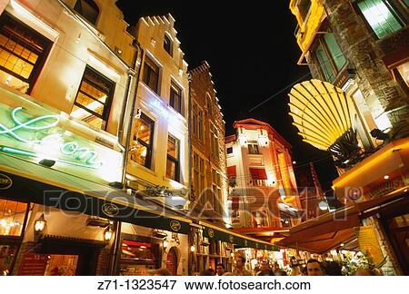 Belgium, Bruxelles, Rue des Bouchers at night. View Large Photo Image Stock Photo - Belgium, Bruxelles, Rue des Bouchers at night.. Fotosearch