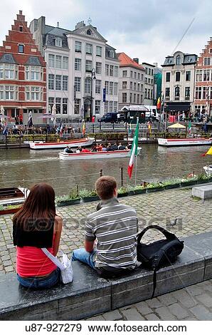 Stock Photo - Belgium, Flanders, Ghent, Guild Houses and Leie River. Fotosearch