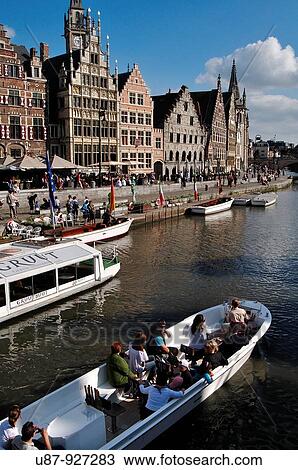 Belgium, Flanders, Ghent, Leie River, Tourits Boat View Large Photo Image Stock Image - Belgium, Flanders, Ghent, Leie River, Tourits Boat. Fotosearch