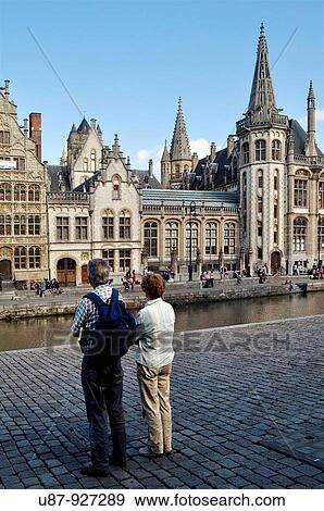 Stock Photo - Belgium, Flanders, Ghent, Leie River, Tourists. Fotosearch