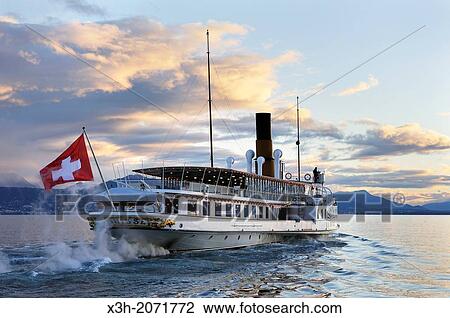 Stock Image - Belle Epoque paddle steamer La Suisse on Leman Lake, Lausanne, Canton of Vaud, Switzerland, Europe.. Fotosearch