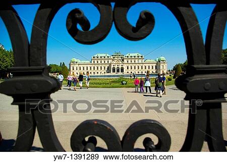 Belvedere Palace museum of art view through the gate in Vienna, Austria View Large Photo Image Stock Photo - Belvedere Palace museum of art view through the gate in Vienna, Austria. Fotosearch