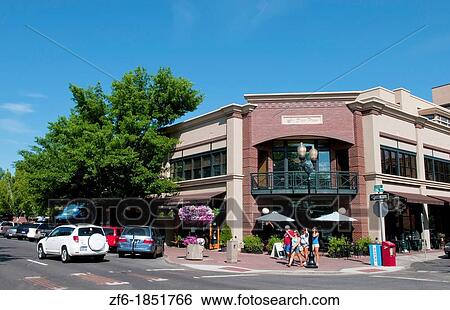 Bend, Oregon downtown city center on Bond Street with cafes and Wall Street View Large Photo Image Stock Photograph - Bend, Oregon downtown city center on Bond Street with cafes and Wall Street. Fotosearch