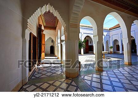 Stock Image - Berber Arabesque courtyard of the Petite Court, Bahia Palace, Marrakesh, Morroco.. Fotosearch