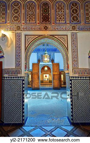 Stock Image - Berber Arabesque decorative interior of Bou Ahmed's Harem. Bahia Palace, Marrakesh, Morroco.. Fotosearch