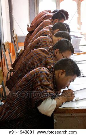 Stock Image - Bhutan (kingdom of), City of Thimphu, Zorig Chusum school of traditional arts, designing. Fotosearch