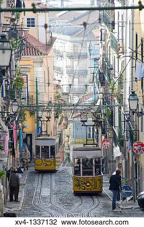 Stock Image - Bica cable car in Bairro Alto in the morning, Lisbon Portugal. Fotosearch