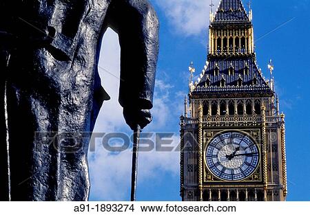 Picture - Big Ben and detail of Winston Churchill's statue at fore, London, England, UK. Fotosearch