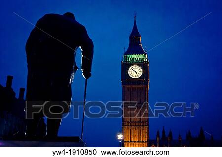 Stock Image - Big Ben and Winston Churchill Statue, London UK. Fotosearch