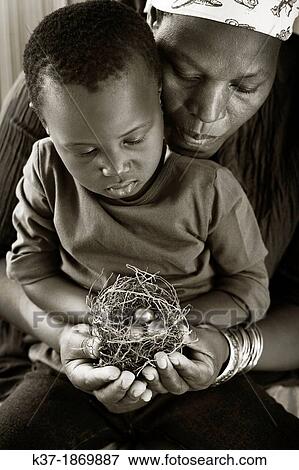 Black mother with child looking at nest with egg View Large Photo Image Stock Photo - Black mother with child looking at nest with egg. Fotosearch