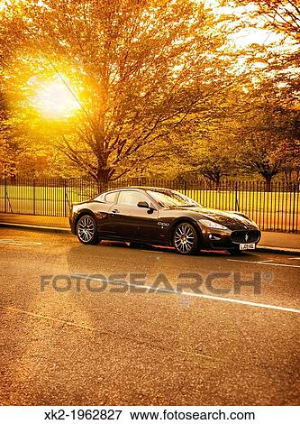 Black sports racing car parked in a sunset in front of a tree View Large Photo Image Stock Photo - Black sports racing car parked in a sunset in front of a tree. Fotosearch