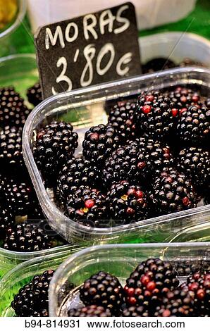 Stock Image - Blackberries in La Boqueria market, Barcelona. Catalonia, Spain. Fotosearch