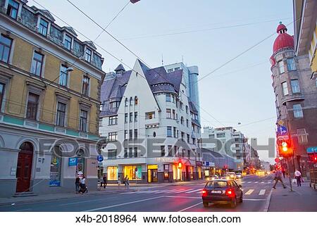 Picture - Blaumana iela street in Art Nouveau district at night Riga Latvia the Baltic States northern Europe.. Fotosearch