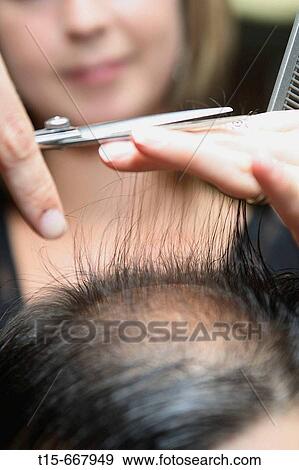 Blond hairdresser cutting the hair of a dark haired man going bald View Large Photo Image Stock Photo - Blond hairdresser cutting the hair of a dark haired man going bald. Fotosearch