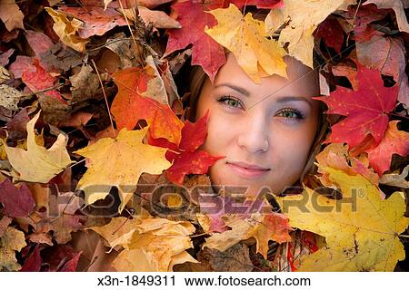 Blonde haired woman outdoors in leaf pile View Large Photo Image Stock Image - Blonde haired woman outdoors in leaf pile. Fotosearch