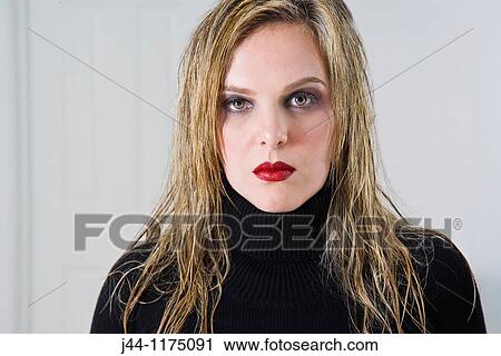 Blonde woman with red lips and wet hair, portrait View Large Photo Image Stock Image - Blonde woman with red lips and wet hair, portrait. Fotosearch