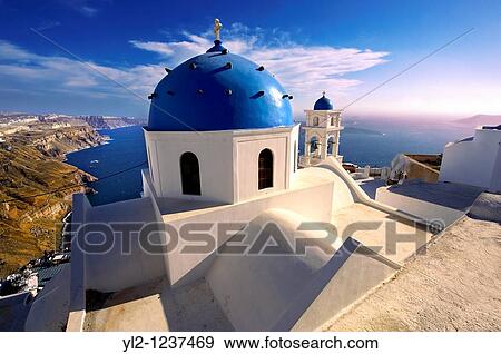 Blue Domed church of Imerovigli, Santorini, Greece View Large Photo Image Stock Photo - Blue Domed church of Imerovigli, Santorini, Greece. Fotosearch