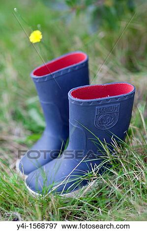 Blue rain boots of a child placed in the grass View Large Photo Image Stock Photo - Blue rain boots of a child placed in the grass. Fotosearch