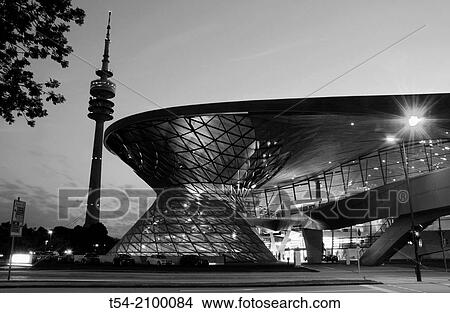 Picture - BMW Welt in Munich during twilight. Fotosearch