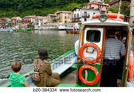 Picture - Boat crossing from Pasajes de San Juan to Pasajes de San Pedro, Pasai Donibane. Guipuzcoa. Euskadi. Spain.. Fotosearch