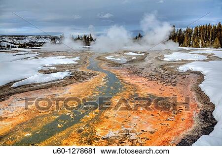 Boiling water mixes with bacteria and microorganisms to produce high-color amongst the snow at Daisy Geyser at Yellowstone National Park, Wyoming View Large Photo Image Stock Image - Boiling water mixes with bacteria and microorganisms to produce high-color amongst the snow at Daisy Geyser at Yellowstone National Park, Wyoming. Fotosearch