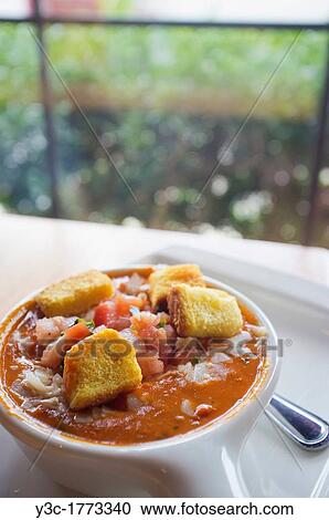 Bowl of hearty tomato soup with croutons View Large Photo Image Stock Image - Bowl of hearty tomato soup with croutons. Fotosearch