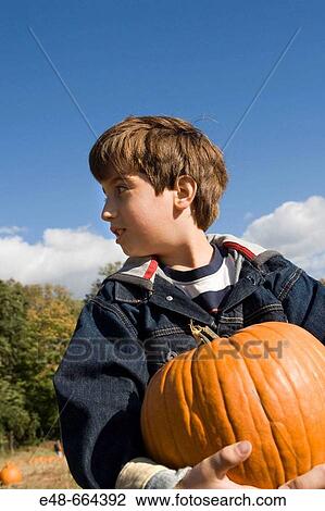 Boy holding pumpkin in pumpkin patch View Large Photo Image Stock Image - Boy holding pumpkin in pumpkin patch. Fotosearch