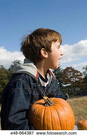 Boy holding pumpkin in pumpkin patch View Large Photo Image Stock Photo - Boy holding pumpkin in pumpkin patch. Fotosearch