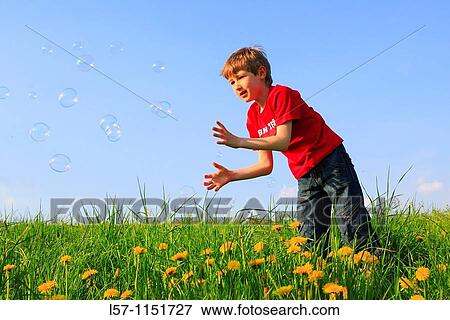 Stock Photo - boy playing with bubbles in field of Dandelions, Zuercher Oberland, Zuerich, Switzerland. Fotosearch