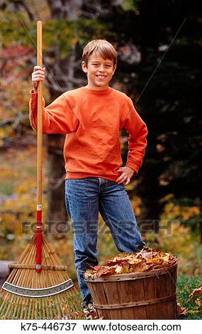 Boy raking leaves View Large Photo Image Stock Photo - Boy raking leaves. Fotosearch