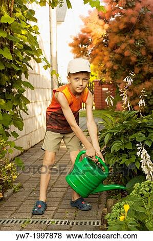 Stock Photo - Boy watering flowers with plastic green water can in a garden. Fotosearch