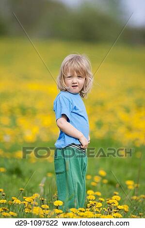 boy with long hair standing in a dandelion field View Large Photo Image Stock Image - boy with long hair standing in a dandelion field. Fotosearch