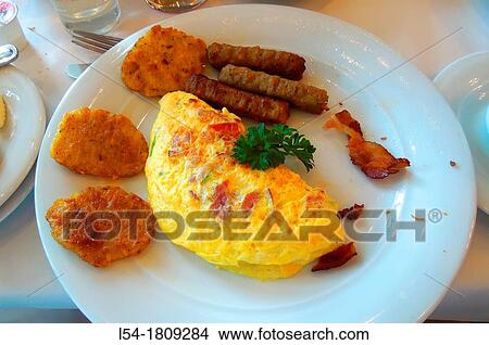 Breadfast plate including eggs meat bacon sausage and potatoes View Large Photo Image Picture - Breadfast plate including eggs meat bacon sausage and potatoes. Fotosearch