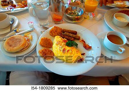 Breadfast plate including eggs meat bacon sausage and potatoes View Large Photo Image Stock Photography - Breadfast plate including eggs meat bacon sausage and potatoes. Fotosearch
