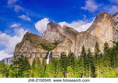 Stock Photography - Bridalveil Fall and the Leaning Tower, Yosemite National Park, California USA.. Fotosearch