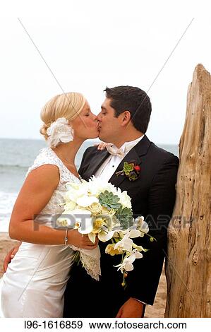 bride groom kissing happy couple after wedding on beach View Large Photo Image Stock Photo - bride groom kissing happy couple after wedding on beach. Fotosearch