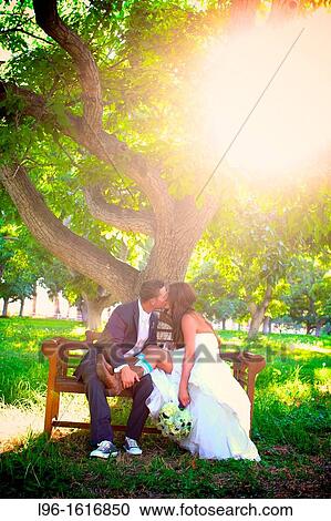 bride groom kissing on bench at sunset after wedding View Large Photo Image Stock Image - bride groom kissing on bench at sunset after wedding. Fotosearch