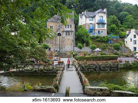 Stock Image - bridge, houses and river Pont-Aven Finist? re department, Bretagne, northwestern France. Fotosearch