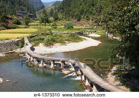 Stock Image - Bridge on the River Bala, Bala River Valley, Langde, Guizhou, China. Fotosearch