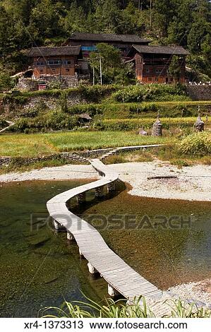 Stock Image - Bridge on the River Bala, Bala River Valley, Langde, Guizhou, China. Fotosearch