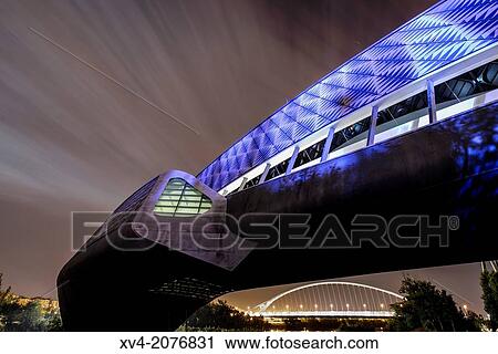Stock Image - Bridge Pavilion designed by Zaha Hadid in the night in Expozaragoza area, Saragossa, Arag? n, Spain.. Fotosearch