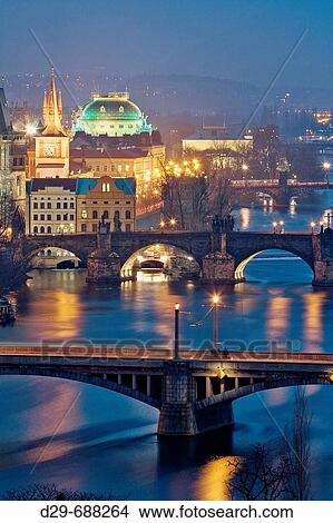 Picture - Bridges over Vltava river, Charles Bridge, National Theatre, Prague. Czech Republic. Fotosearch