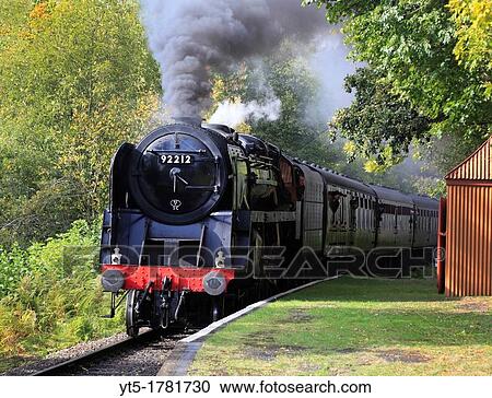 Stock Image - British Railways 9F, 2-10-0, No 92212 steams through Northwood Halt, near Bewdley, Worcestershire, England, Europe. Fotosearch