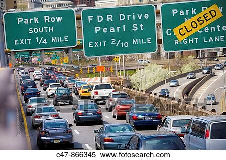 Stock Photography - Brooklyn Bridge heavy traffic, New York City, USA. Fotosearch