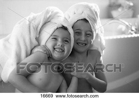 Brother and sister out of bath View Large Photo Image Stock Photo - Brother and sister out of bath. Fotosearch