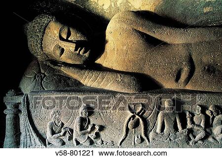 Stock Image - BUDDHA IN PARINIVARNA POSTURE, CAVE 26, AJANTA, INDIA. Fotosearch